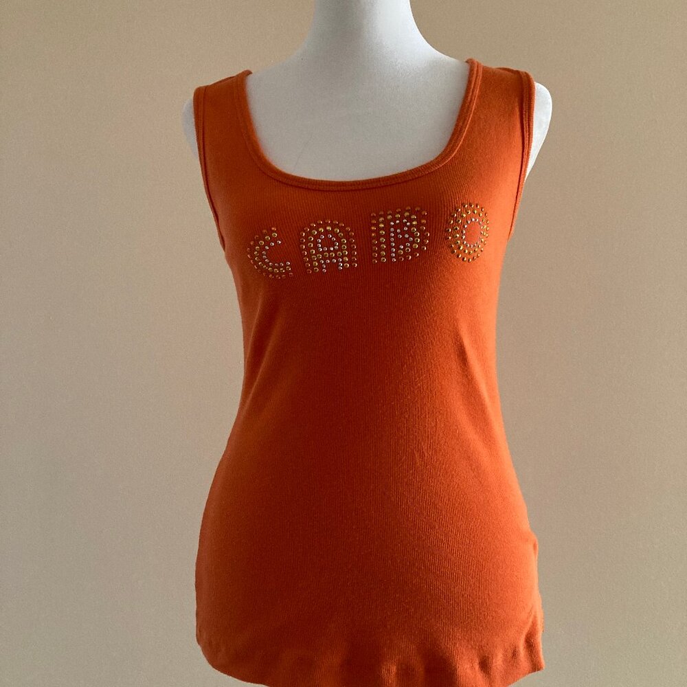 Vtg Orange Ribbed Cotton Sleeveless Tank Top Crew Neck Slim Fit Embellished Sz M